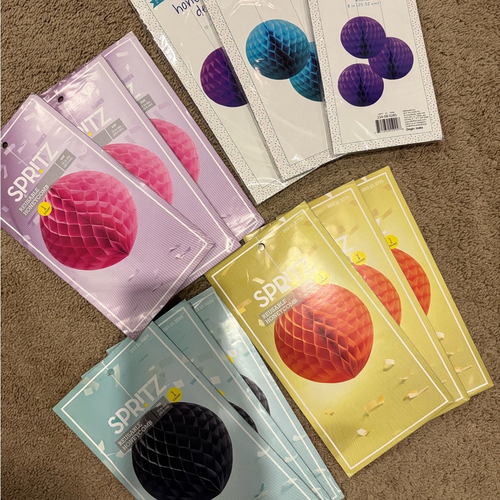Spritz Honeycomb Party Decorations - Purple, Pink, Blue, Black, Orange